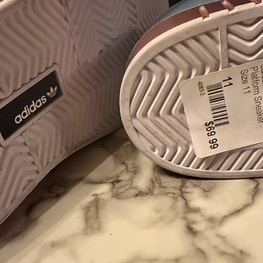 adidas Light Blue Satin Platform Sneakers with Rose Gold Sole - Picture 4 of 4